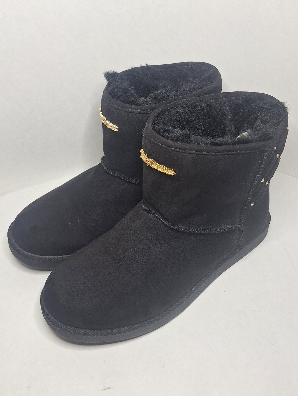 Juicy Couture Kingle Black Faux Fur Suede Gold Studded Ankle Boots Size 9 M